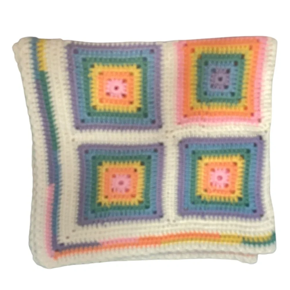 Vintage 70s  Square Granny Afghan Crochet Baby, Chair Blanket  35.5 Inches
